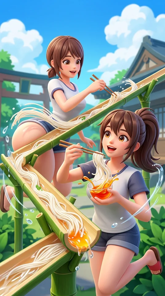 ダンシングアイのような3Dゲーム。女体に流しそうめんで、そうめんを食べる。