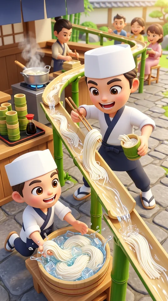 流しそうめんを作って流す人をやる３Ｄゲーム。そうめん茹でて、冷やして、ながす。ゆで過ぎたらだめ。お客さんいないときに流す