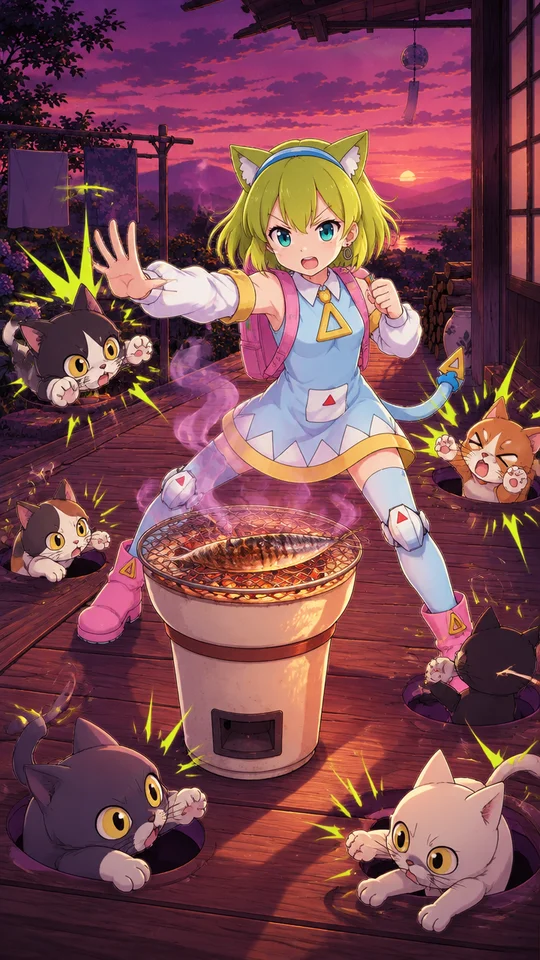 #2D

🐟🔥「デルタもんのサンマを守れ！」🐈

七輪でサンマが焼き上がるまで、
あちこちからサンマを狙って猫たち