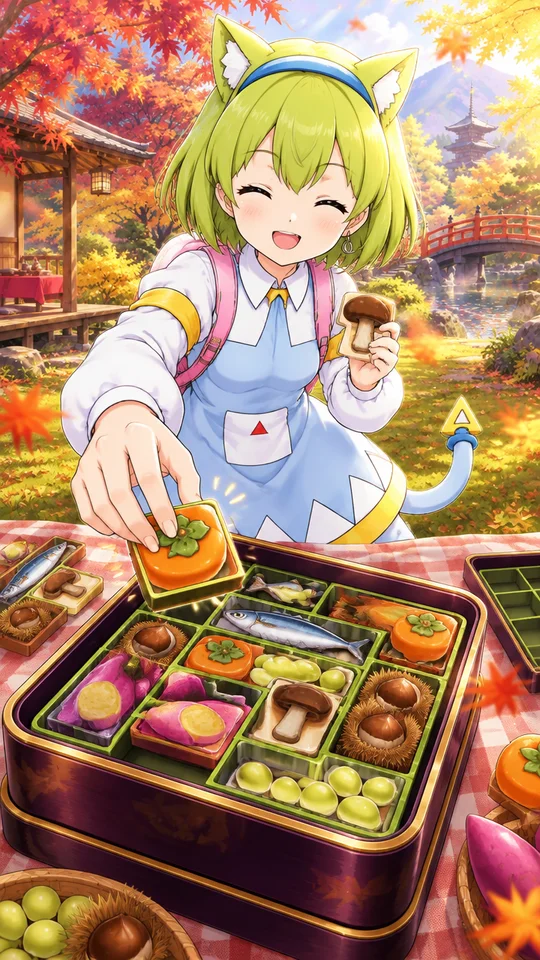 パズルは出来ますか？秋の味覚の食材をランダムのマス目でできたお弁当にキッチリ詰め込んでお弁当を完成させるゲーム。
お弁当