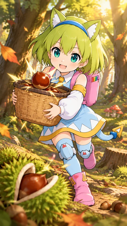 この絵の子が、くりひろいをするよ。
上から落ちてくる栗を持っているバスケットで拾うよ。
たまにイガがおちてきて、それを拾