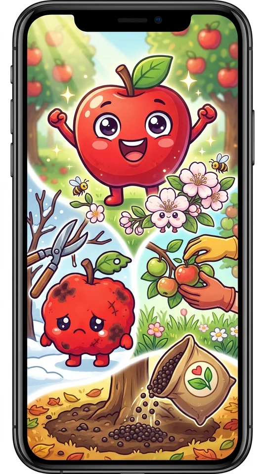 林檎の世話体験ゲーム。
12月肥料まき。
1〜3月　剪定。
5月花が咲いたら授粉作業。
6月摘果。中心花以外を落とす。