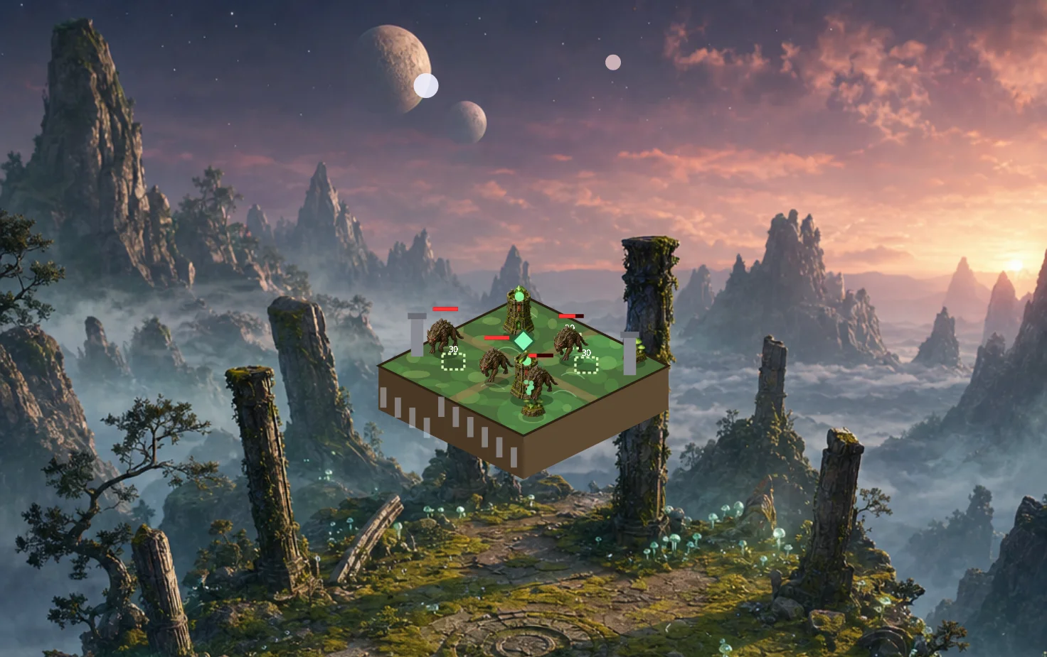苔の浮遊岩盤タワーディフェンス