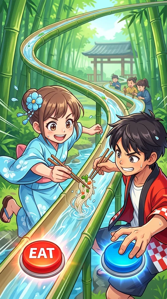 対戦相手と流れてくる流しそうめんの奪い合いをするゲーム
流しそうめんが目の前に来た瞬間ボタンを素早く押して食べれる
対戦